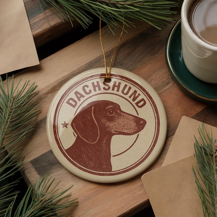 A round ornament featuring a dachshund dog's head, with the word "DACHSHUND" written on it, is displayed on a wooden surface alongside a cup of coffee and some pine branches.