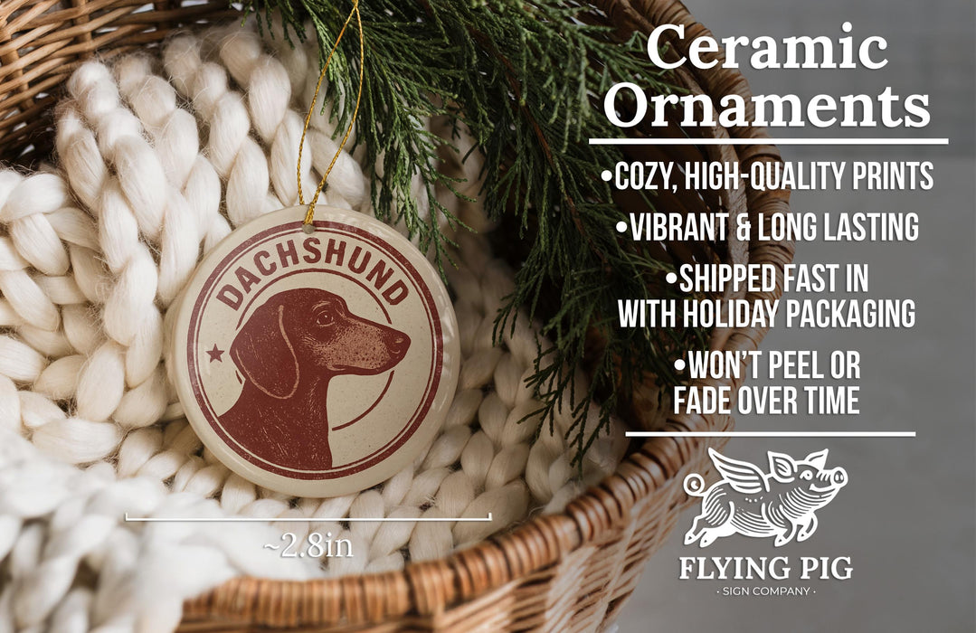 Ceramic ornaments, featuring a Dachshund dog design, are displayed in a woven basket.
