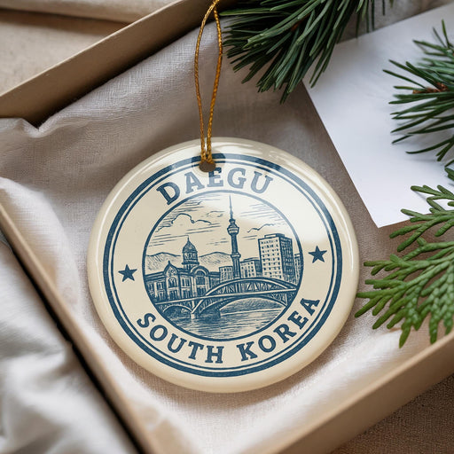 A decorative ornament with the text "DAEGU SOUTH KOREA" and an illustration of a cityscape, hanging from a string.