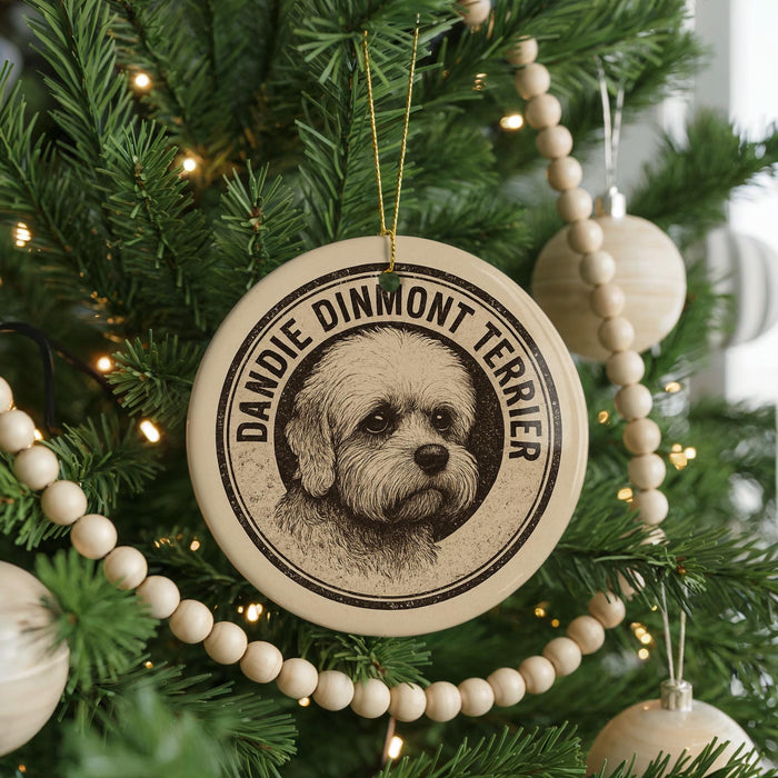 A Christmas tree decorated with ornaments, including a circular ornament featuring a dog's face and the text "DANDIE DINMONT TERRIER".