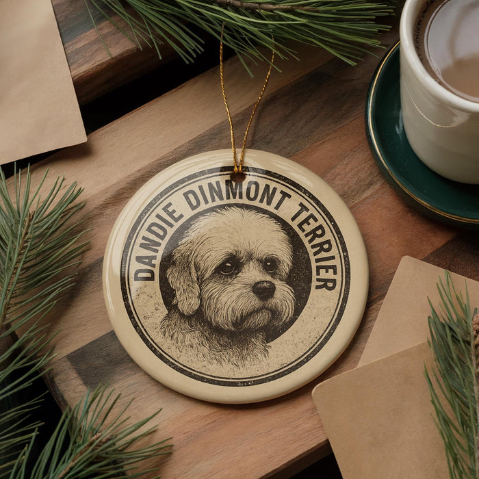 A round ornament featuring a dog's face is displayed on a wooden surface, surrounded by pine branches and a cup of coffee.