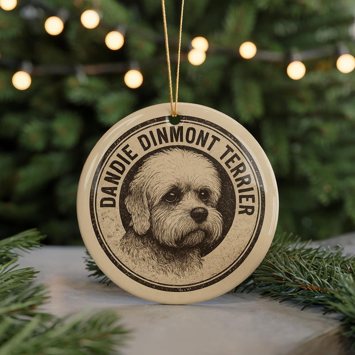 A circular ornament featuring a close-up of a dog's face, with the text "DANDIE DINMONT TERRIER" printed on it.