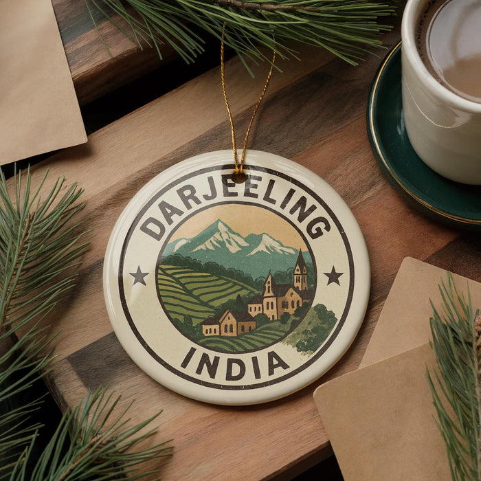 A decorative ornament with the text "DARJEELING INDIA" and a landscape image, placed on a wooden surface next to a cup of coffee and some pine branches.