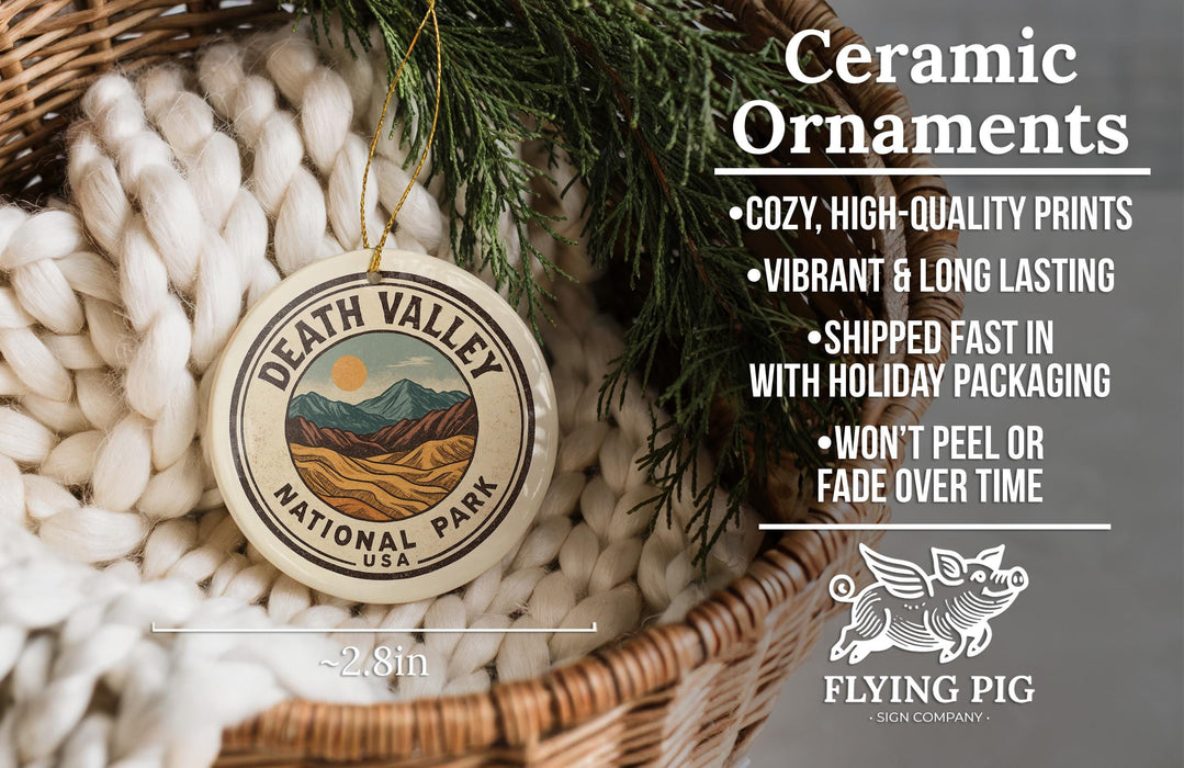 Ceramic ornaments, featuring a Death Valley National Park ornament, are displayed in a woven basket.