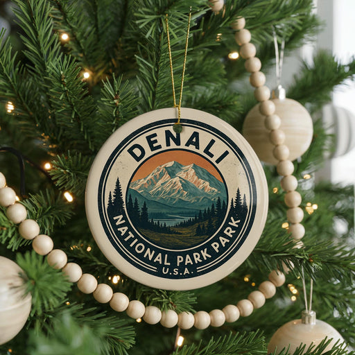 A Christmas tree decorated with ornaments, including a circular ornament with the text "DENALI NATIONAL PARK PARK U.S.A."