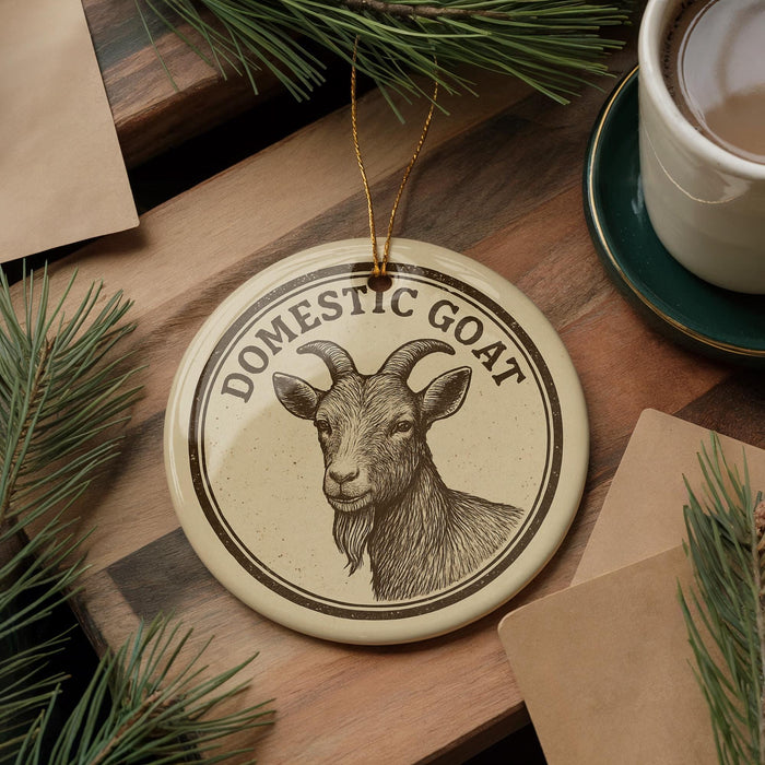 a round ornament with a goat's head on it, placed on a wooden surface next to a cup of coffee and some pine branches.