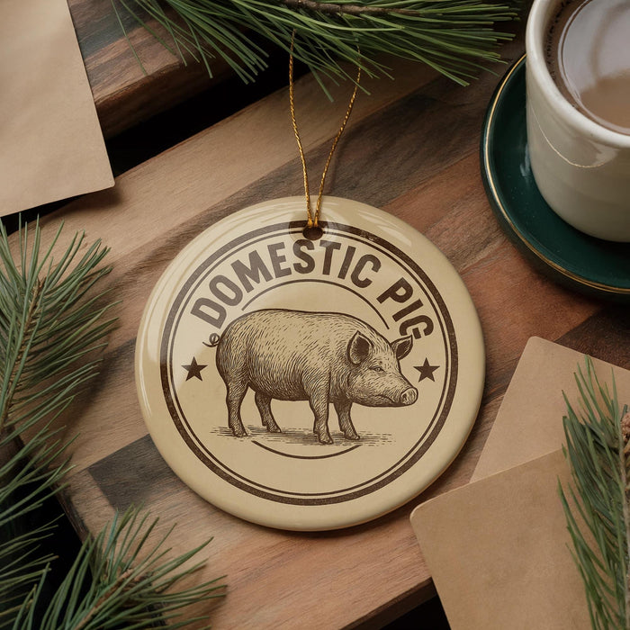 a round ornament with a pig illustration and the text "DOMESTIC PIG" on it, placed on a wooden surface.