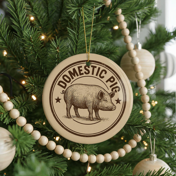 A Christmas tree decorated with ornaments, including a circular ornament with a pig illustration and the text "DOMESTIC PIG".
