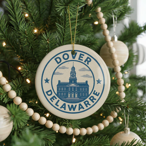 A Christmas tree decorated with ornaments, including a circular ornament with the text "Dover DEWARRE" and a building illustration.