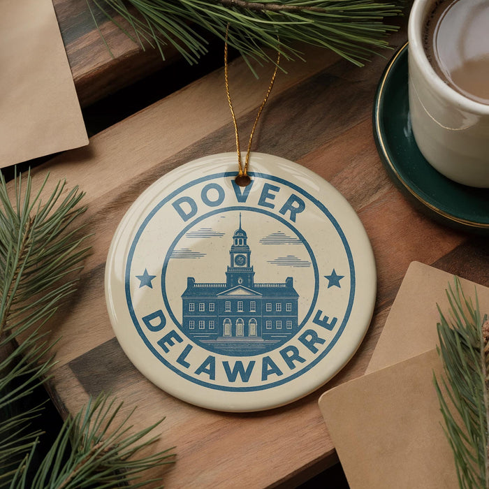 A decorative ornament with the text "Dover Delawares" and a building illustration, placed on a wooden surface alongside a cup of coffee and pine branches.