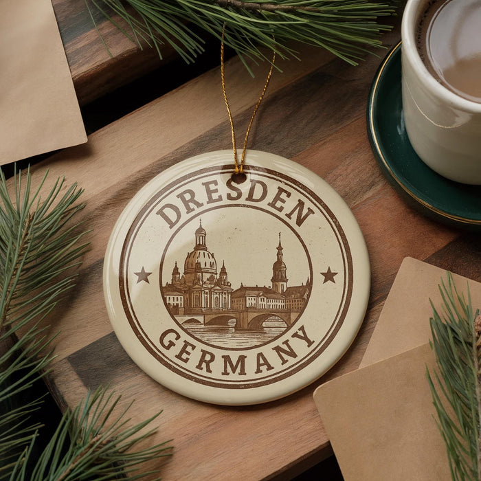 A circular ornament with the text "Dresden Germany" and an illustration of a cityscape, hanging on a wooden surface.