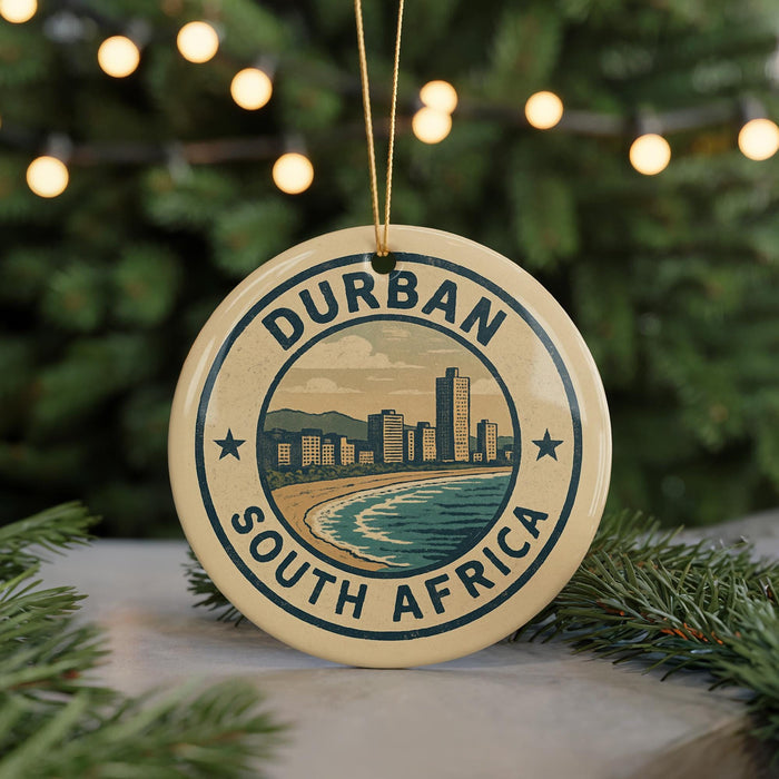 A decorative ornament with the text "DURBAN SOUTH AFRICA" and a cityscape illustration, hanging from a string.