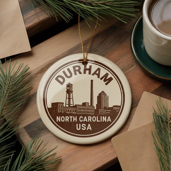 A decorative ornament with the text "DURHAM NORTH CAROLINA USA" on it, surrounded by pine branches and a cup of coffee on a wooden surface.