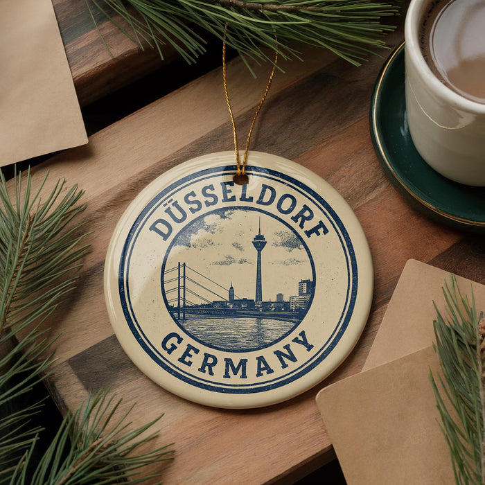 A circular ornament with the text "DUSSELDORF GERMANY" and an illustration of a bridge is displayed on a wooden surface, surrounded by pine branches and a cup of coffee.
