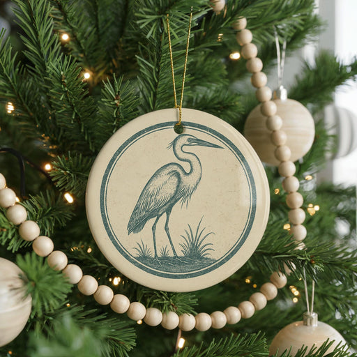 A Christmas tree decorated with ornaments, including a circular ornament featuring a bird silhouette.