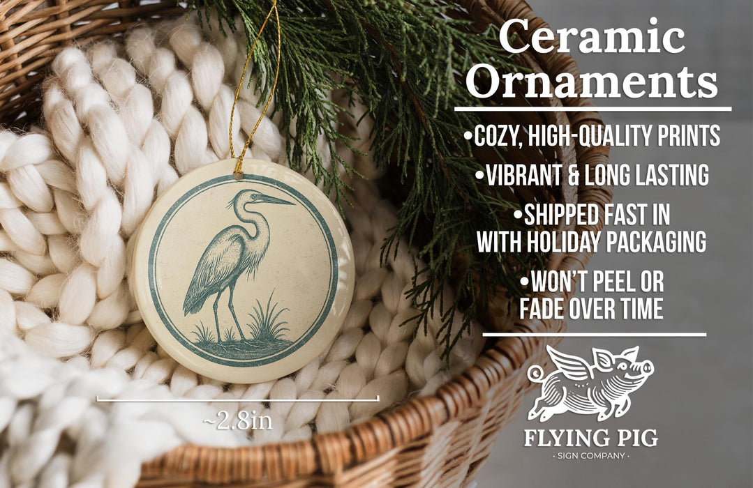 Ceramic ornaments, featuring a ceramic bird ornament with a wicker basket and greenery, are displayed.