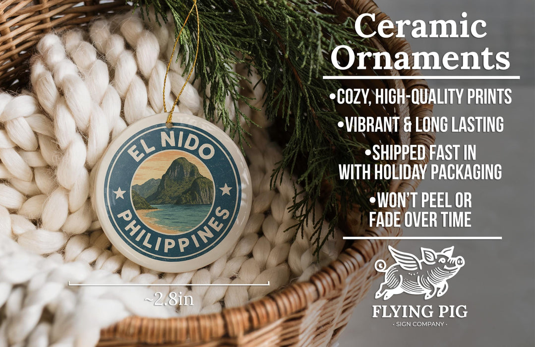 Ceramic ornaments, specifically a round ornament with a tropical island design, are displayed in a woven basket.