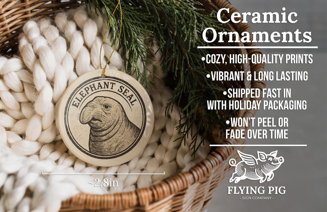 Ceramic ornaments, including a ceramic seal ornament, are displayed in a woven basket.