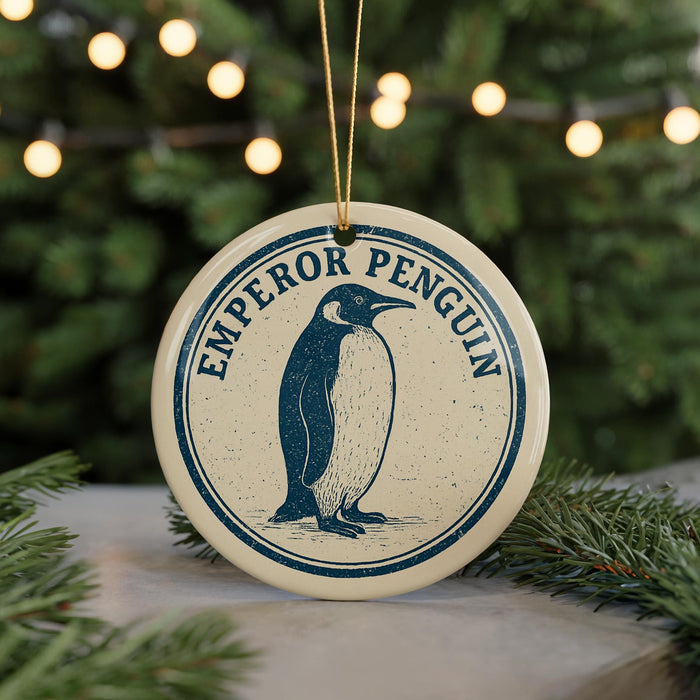 A round ornament with a penguin design, featuring the text "EMPOROR PENGUIN" on it, is displayed in front of a blurred background with Christmas lights.