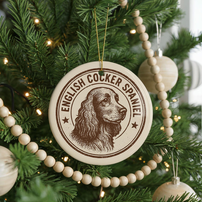 A Christmas tree decorated with ornaments, including a circular ornament featuring an English cocker spaniel.