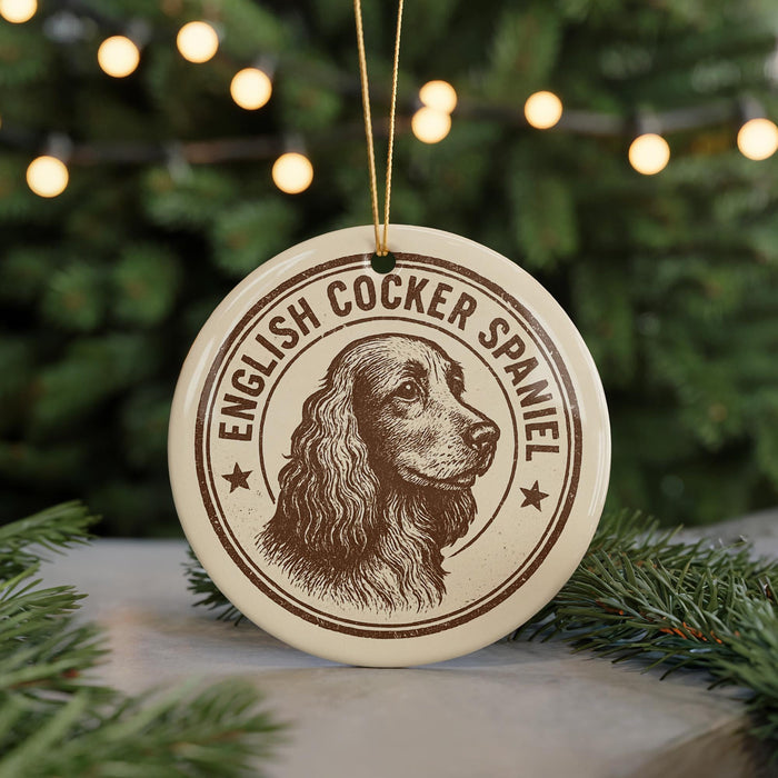 A circular ornament featuring an illustration of an English cocker spaniel dog, with the text "ENGLISH COCKER SPANIEL" printed on it.