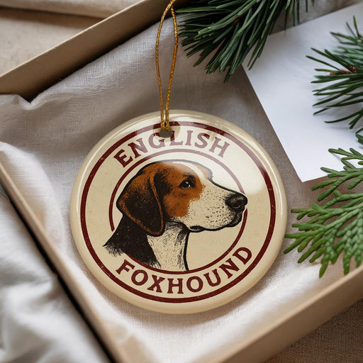 A round ornament with a brown and white foxhound dog's head and the text "ENGLISH FOXHOUND" printed on it, hanging from a string.