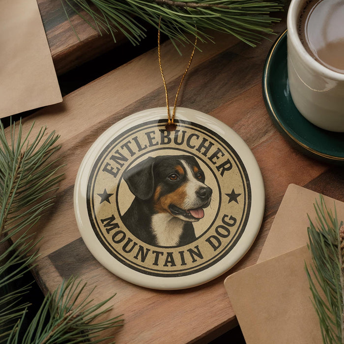 A circular ornament featuring a mountain dog's head, with the text "ENTLEBUCKER MOUNTAIN DOG" printed on it, is displayed on a wooden surface alongside a cup of coffee and some pine branches.