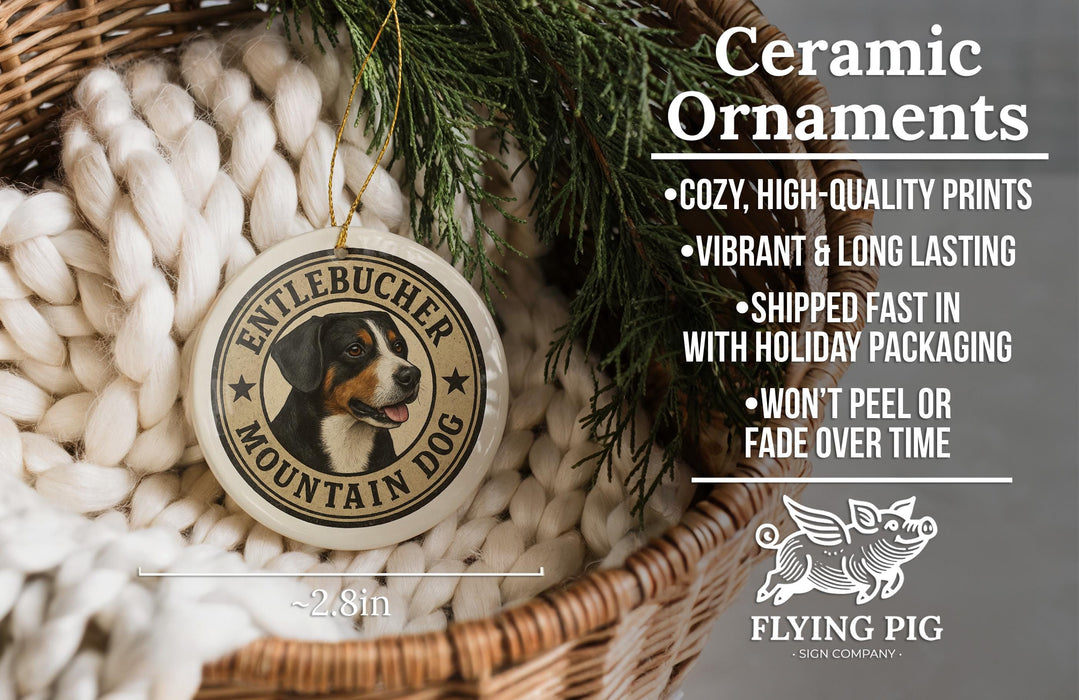 Ceramic ornaments featuring a dog's head, with text describing the ornaments as "cozy, high-quality prints, vibrant & long lasting, shipped fast in with holiday packaging, won't peel or fade over time" and "2.8in" in the bottom left corner.