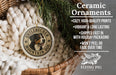 Ceramic ornaments featuring a dog's head, with text describing the ornaments as "cozy, high-quality prints, vibrant & long lasting, shipped fast in with holiday packaging, won't peel or fade over time" and "2.8in" in the bottom left corner.