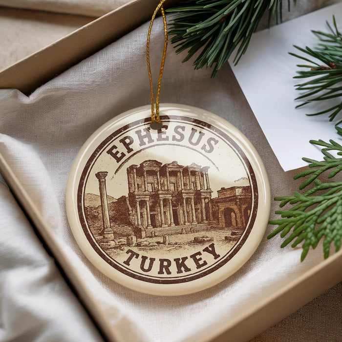 A circular ornament with the text "EPHESUS TURKEY" printed on it, hanging from a string.