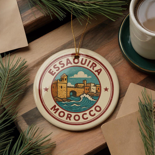 A decorative ornament featuring the text "ESSAQUIRA MOROCCO" and an illustration of a coastal city, surrounded by pine branches and a cup of coffee.