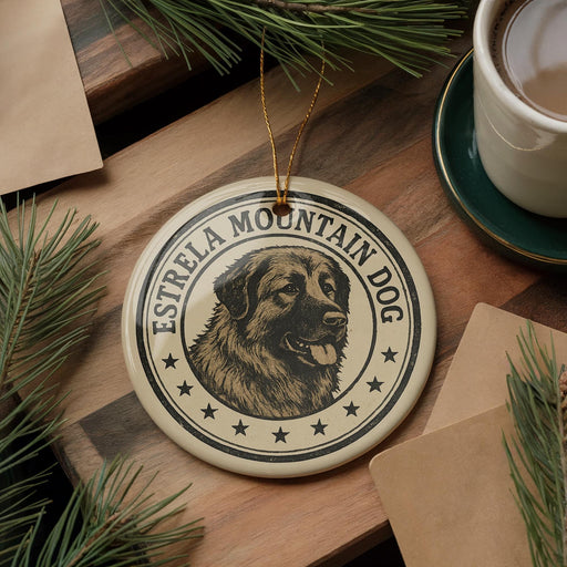 A round ornament featuring a dog's head and the text "ESTRELLA MOUNTAIN DOG" is displayed on a wooden surface, surrounded by pine branches and a cup of coffee.