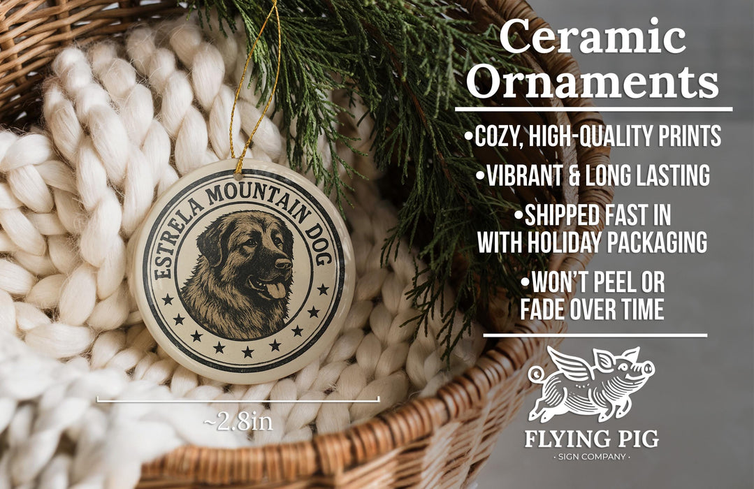 Ceramic ornaments, featuring a dog image, are displayed in a basket with a pine branch.