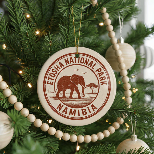 A Christmas tree decorated with ornaments, including a circular ornament with the text "ETOSHA NATIONAL PARK NAMIBIA" and a wooden bead decoration.