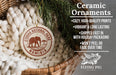 Ceramic ornaments, specifically a Namibia ornament, are displayed in a woven basket. The text highlights the ornament's features, such as being cozy, high-quality, and long-lasting, as well as its fast shipping and lack of peeling or fading over time.