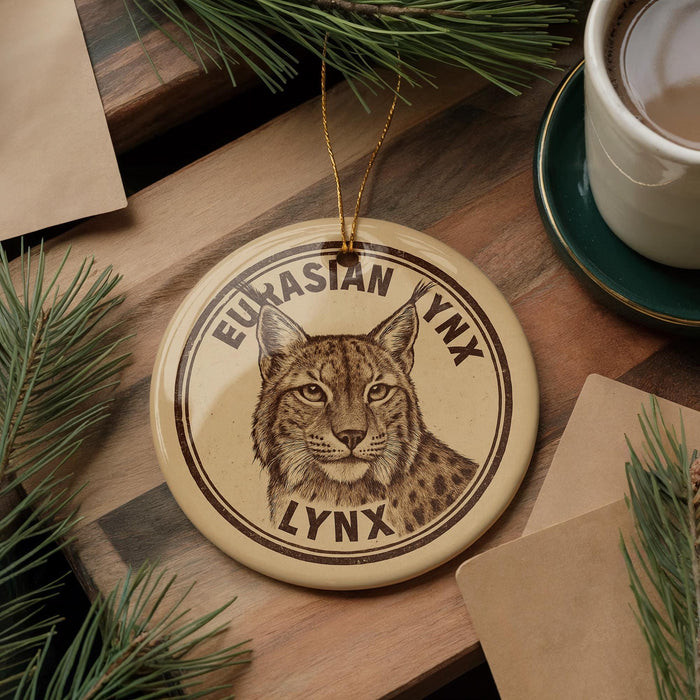 A circular ornament featuring a close-up image of a lynx, a wild cat, is displayed on a wooden surface alongside a cup of coffee and some pine branches.
