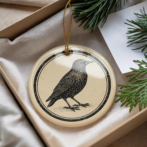 A decorative ornament featuring a black and white illustration of a bird is displayed in a box, surrounded by pine branches.