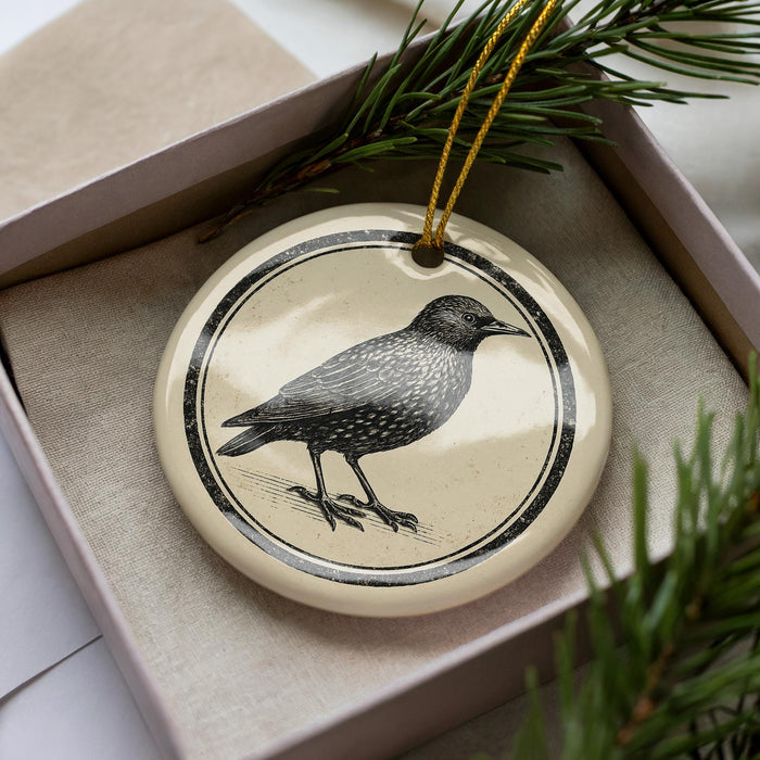 A ceramic ornament in a box, featuring a black and white illustration of a bird perched on a branch.