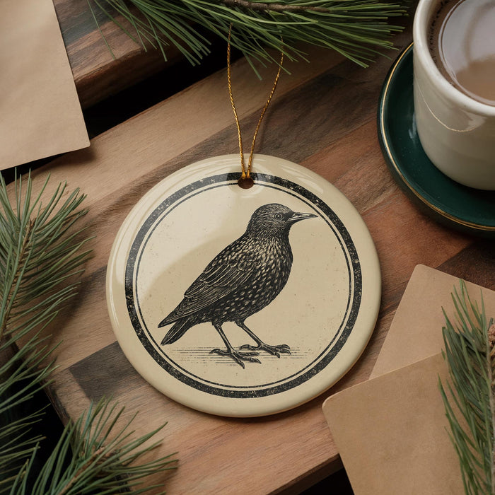a round ceramic ornament with a black and white illustration of a bird, placed on a wooden surface next to a cup of coffee and some pine branches.
