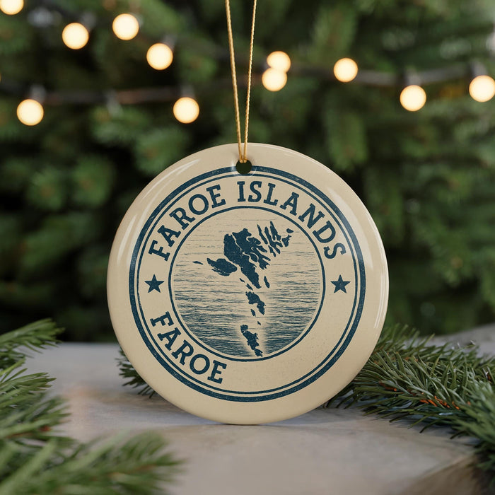 A circular ornament with the text "FAROE ISLANDS" and a map of the Faroe Islands, surrounded by Christmas lights and greenery.