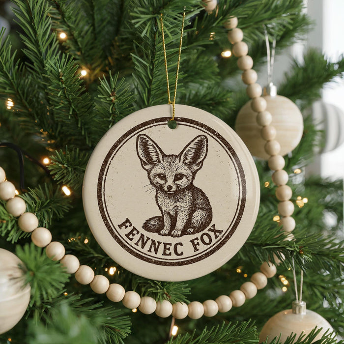 A ceramic ornament featuring a fennec fox is hanging on a Christmas tree, surrounded by other ornaments and lights.