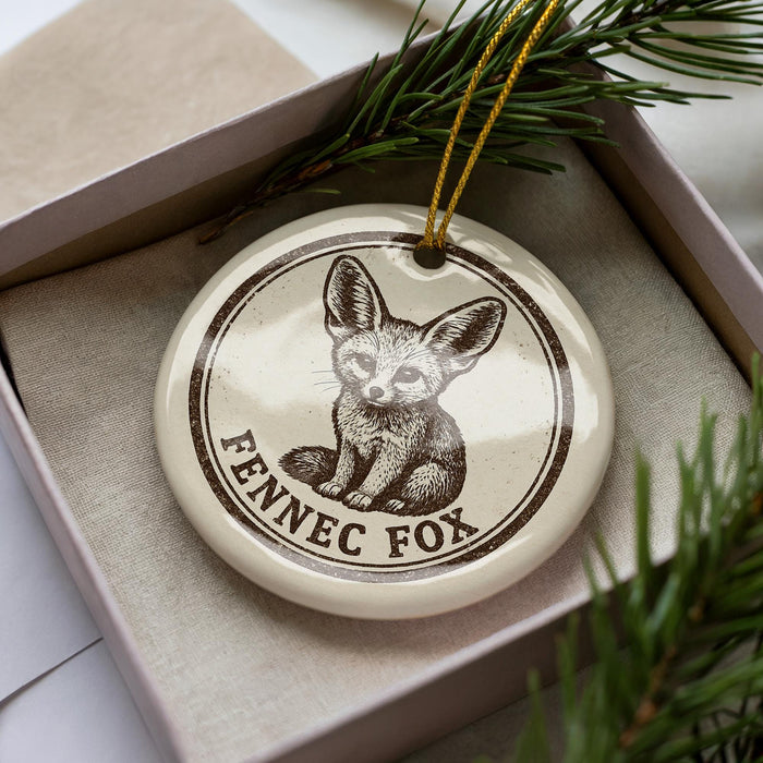 A ceramic ornament in a box, featuring a fennec fox illustration and the text "Fennec Fox" printed on it.