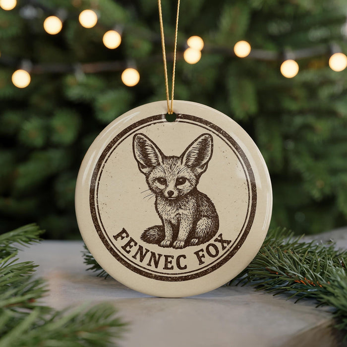 A circular ornament featuring a fennec fox, a small desert fox, with the text "Fennec Fox" printed on it.