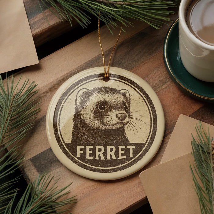 A round ornament featuring a ferret's face is displayed on a wooden surface, surrounded by pine branches and a cup of coffee.
