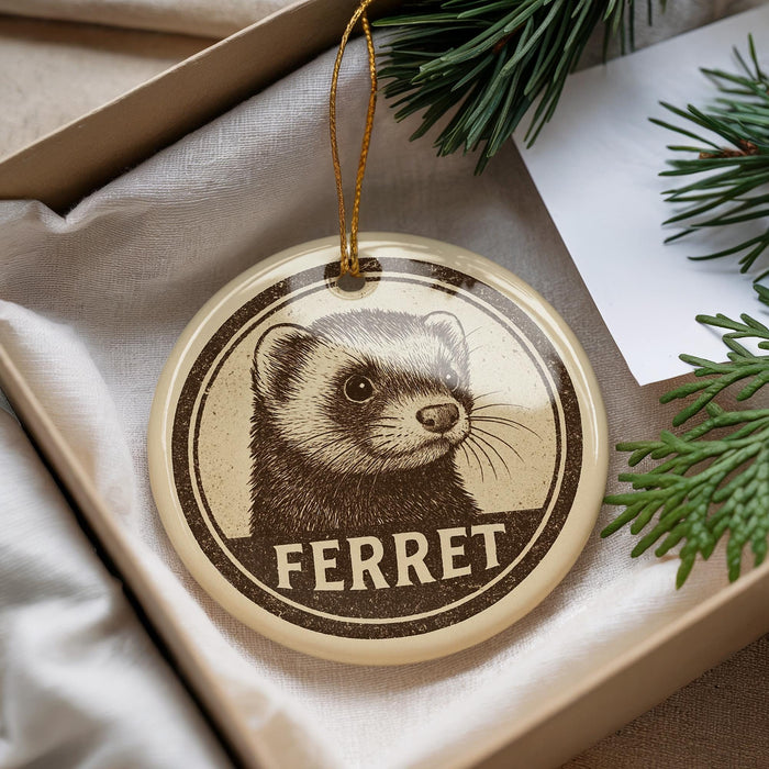 A round ornament with a ferret image and the word "FERRET" printed on it, hanging from a string.