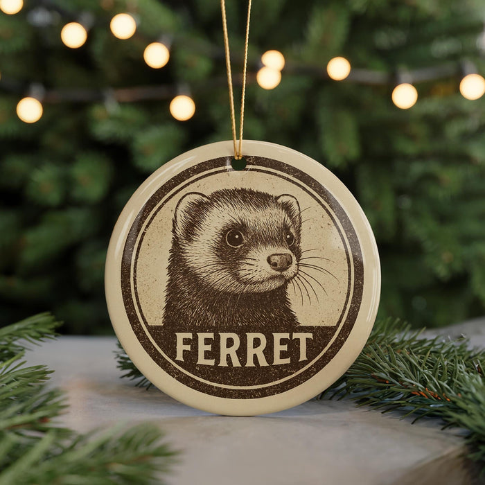 A round ornament featuring a ferret's face, with the word "FERRET" written below it, is displayed in front of a blurred Christmas tree.