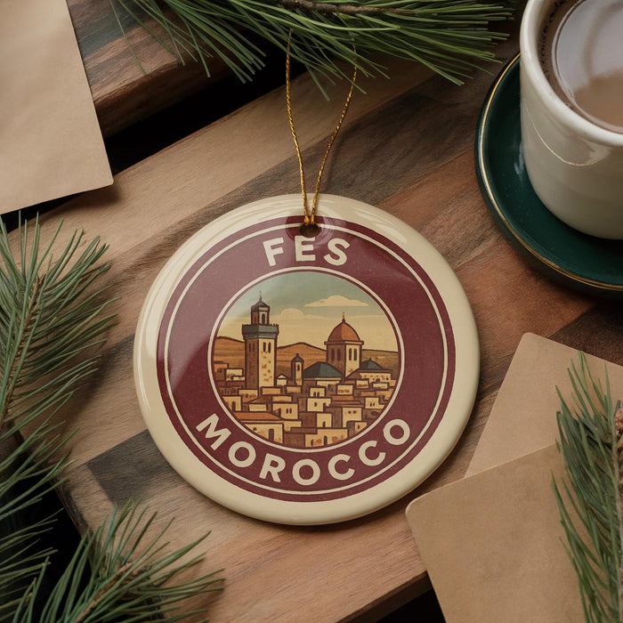 A round ornament with a cityscape design, featuring a tower and buildings, is displayed on a wooden surface alongside a cup of coffee and some pine branches.