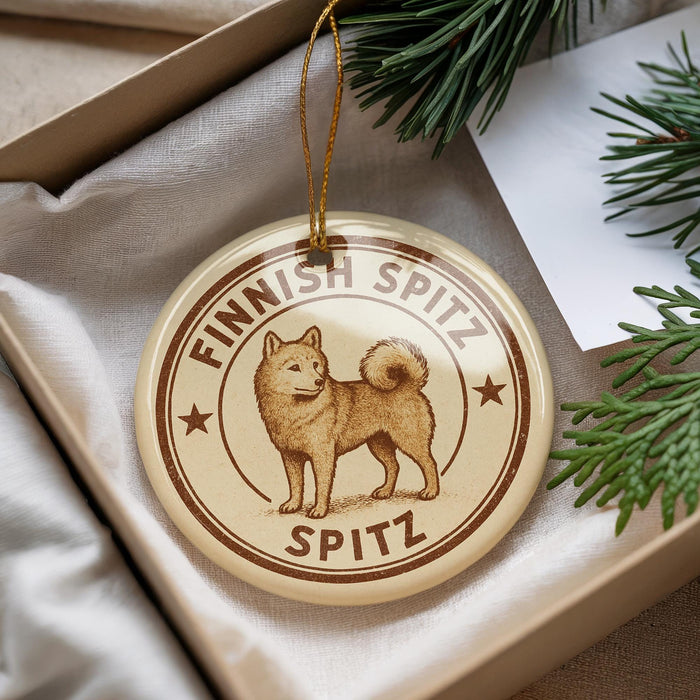 A circular ornament with a brown border and a brown dog illustration, surrounded by the text "FINISH SPITZ SPITZ" and two stars.