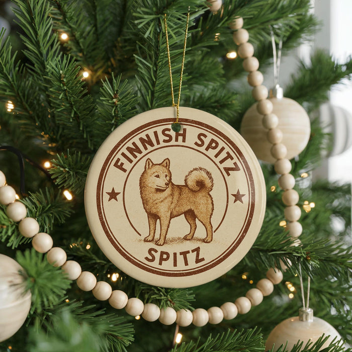 A circular ornament on a Christmas tree featuring a spitz dog, with the text "FINISH SPITZ SPITZ" around the edge.