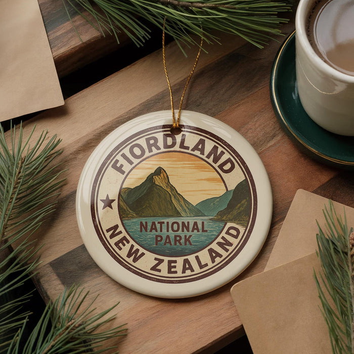 A circular ornament with the text "FIORDLAND NATIONAL PARK" and a mountain landscape design, placed on a wooden surface next to a cup of coffee and some pine branches.